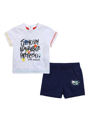 Boys White & Blue Printed T-Shirt with Short Pants